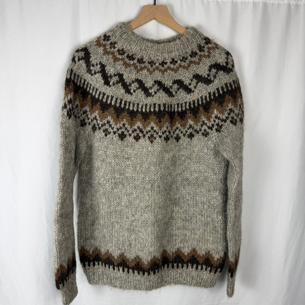 Alafoss Icewool Sweater Womens M Grey Vintage Hand Knit Icelandic Wool Fair Isle